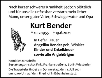 Traueranzeige von Kurt Bender von vrm-trauer