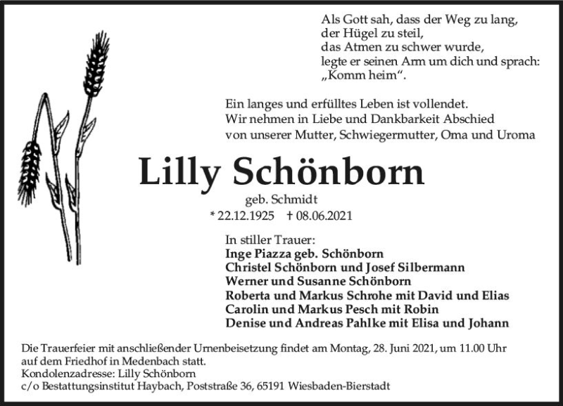  Traueranzeige für Lilly Schönborn vom 19.06.2021 aus vrm-trauer