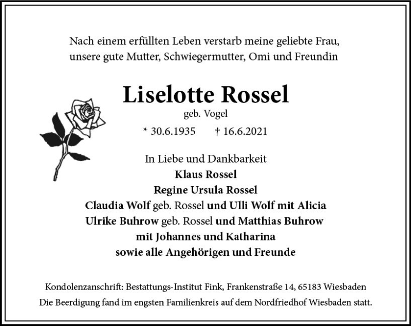  Traueranzeige für Liselotte Rossel vom 26.06.2021 aus vrm-trauer
