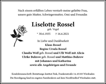 Traueranzeige von Liselotte Rossel von vrm-trauer