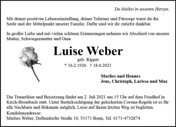 Traueranzeige von Luise Weber von vrm-trauer