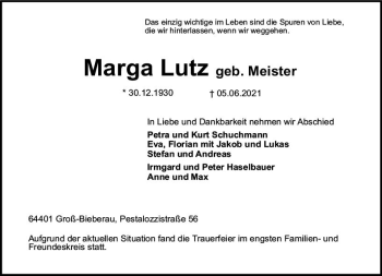 Traueranzeige von Marga Lutz von vrm-trauer