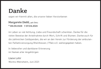 Traueranzeige von Margarete Diehl von vrm-trauer