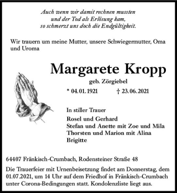 Traueranzeige von Margarete Kropp von vrm-trauer