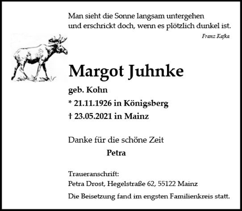  Traueranzeige für Margot Juhnke vom 12.06.2021 aus vrm-trauer