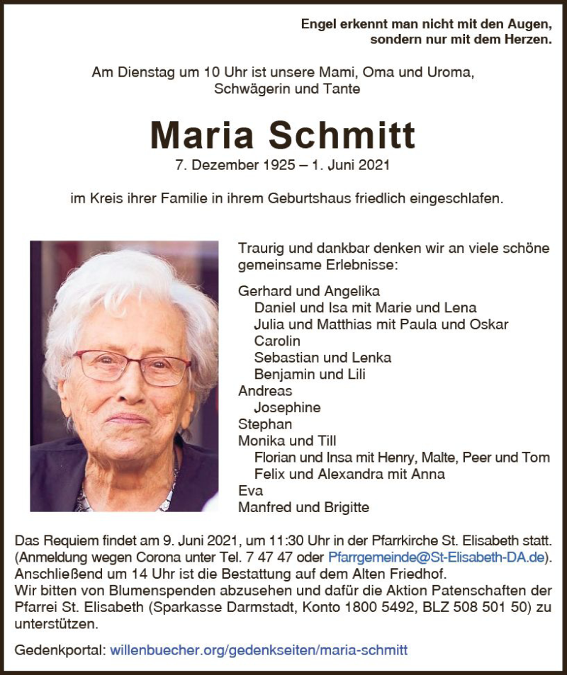  Traueranzeige für Maria Schmitt vom 05.06.2021 aus vrm-trauer