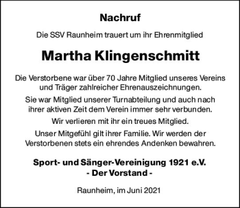 Traueranzeige von Martha Klingenschmitt von vrm-trauer