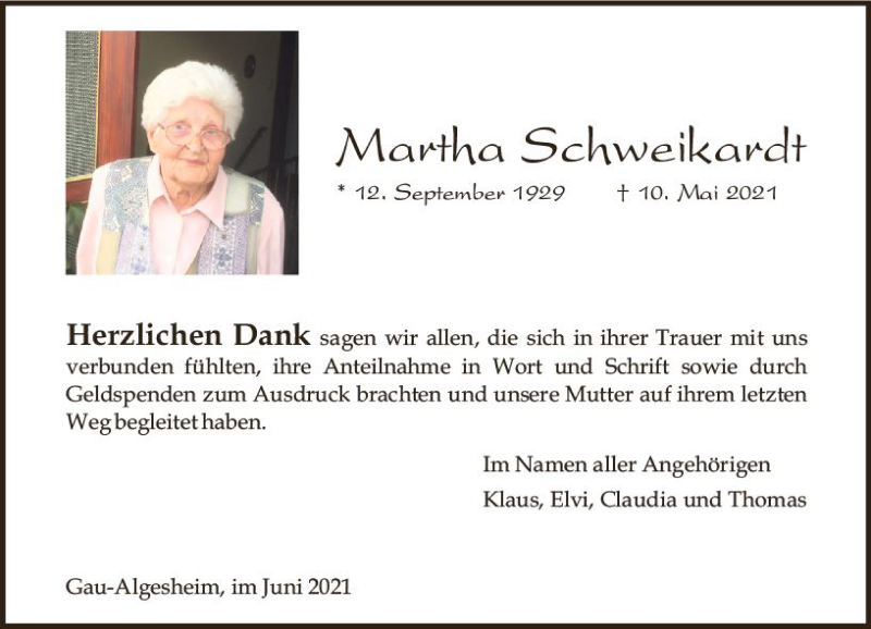  Traueranzeige für Martha Schweikardt vom 19.06.2021 aus vrm-trauer