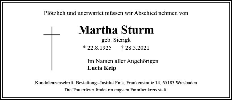  Traueranzeige für Martha Sturm vom 05.06.2021 aus vrm-trauer