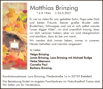 Traueranzeige von Matthias Brinzing von vrm-trauer