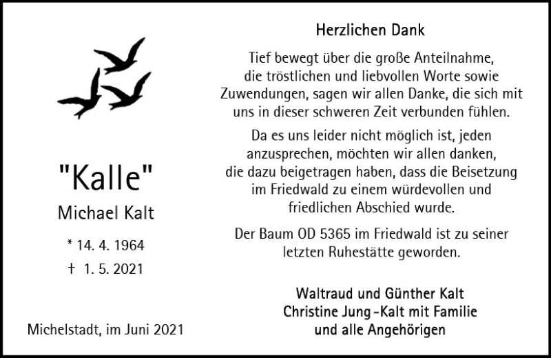  Traueranzeige für Michael Kalt vom 05.06.2021 aus vrm-trauer