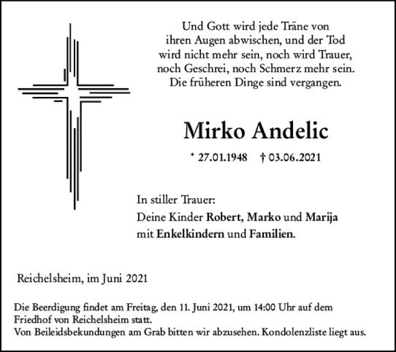  Traueranzeige für Mirko Andelic vom 07.06.2021 aus vrm-trauer