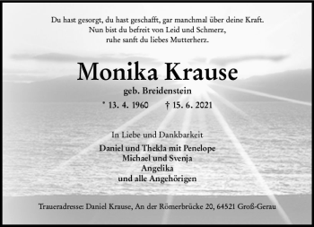 Traueranzeige von Monika Krause von vrm-trauer