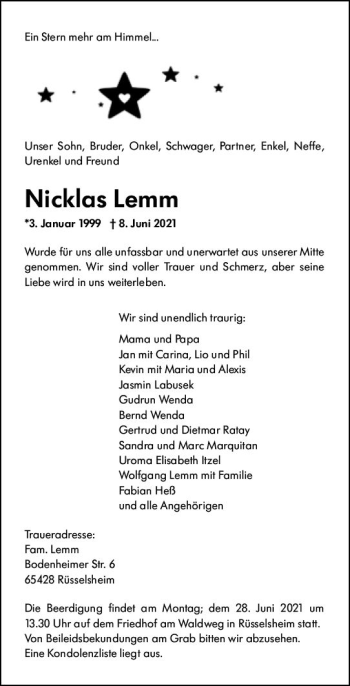 Traueranzeige von Nicklas Lemm von vrm-trauer