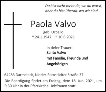 Traueranzeige von Paola Valvo von vrm-trauer