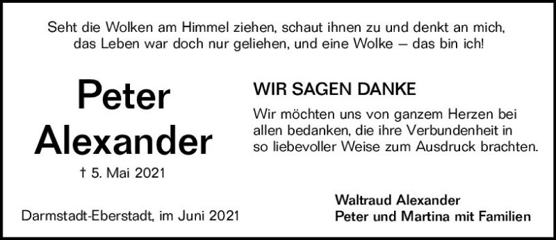  Traueranzeige für Peter Alexander vom 05.06.2021 aus vrm-trauer