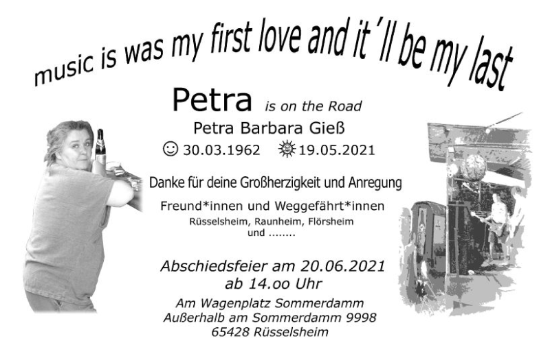  Traueranzeige für Petra Barbara Gieß vom 18.06.2021 aus vrm-trauer