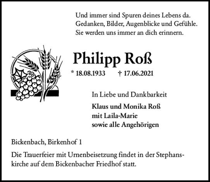  Traueranzeige für Philipp Roß vom 26.06.2021 aus vrm-trauer