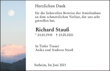Traueranzeige von Richard Stauß von vrm-trauer