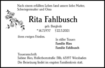 Traueranzeige von Rita Fahlbusch von vrm-trauer