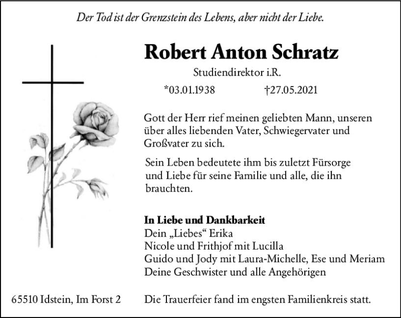  Traueranzeige für Robert Anton Schratz vom 12.06.2021 aus vrm-trauer