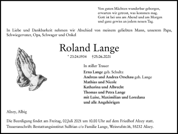 Traueranzeige von Roland Lange von vrm-trauer