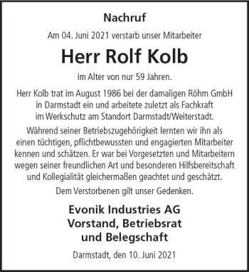 Traueranzeige von Rolf Kolb von vrm-trauer