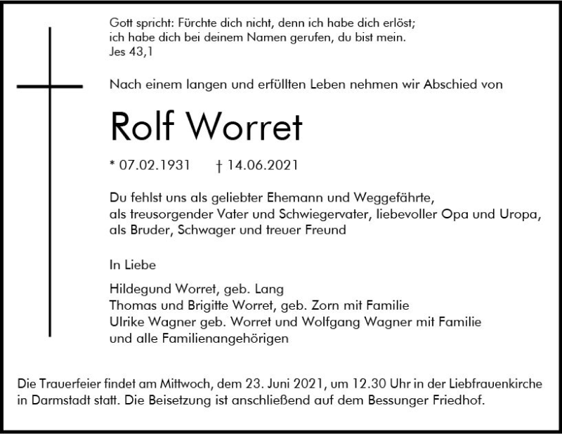  Traueranzeige für Rolf Worret vom 19.06.2021 aus vrm-trauer