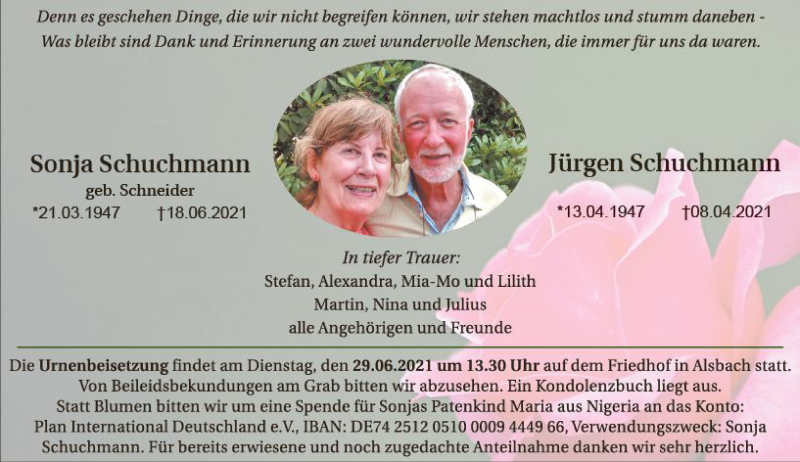  Traueranzeige für Sonja Schuchmann vom 26.06.2021 aus vrm-trauer