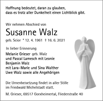 Traueranzeige von Susanne Walz von vrm-trauer