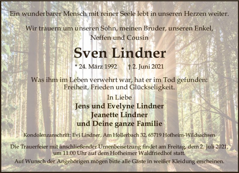  Traueranzeige für Sven Lindner vom 25.06.2021 aus vrm-trauer