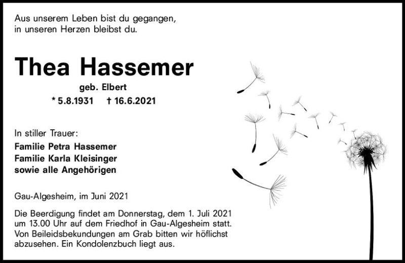  Traueranzeige für Thea Hassemer vom 26.06.2021 aus vrm-trauer