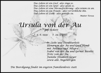 Traueranzeige von Ursula von der Au von vrm-trauer