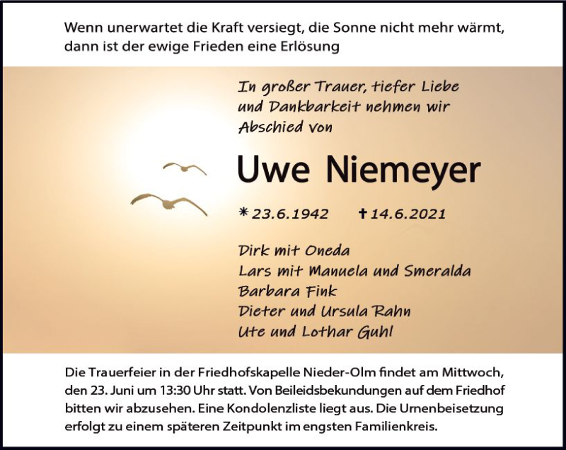  Traueranzeige für Uwe Niemeyer vom 19.06.2021 aus vrm-trauer
