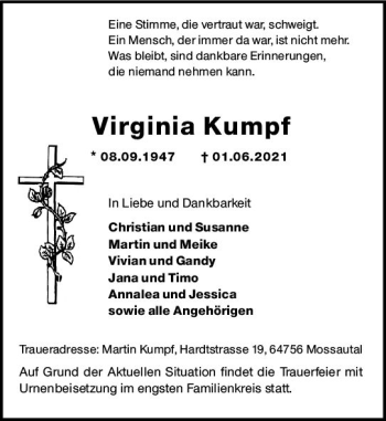 Traueranzeige von Virginia Kumpf von vrm-trauer