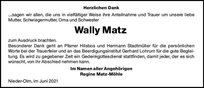  Traueranzeige für Wally Matz vom 19.06.2021 aus vrm-trauer