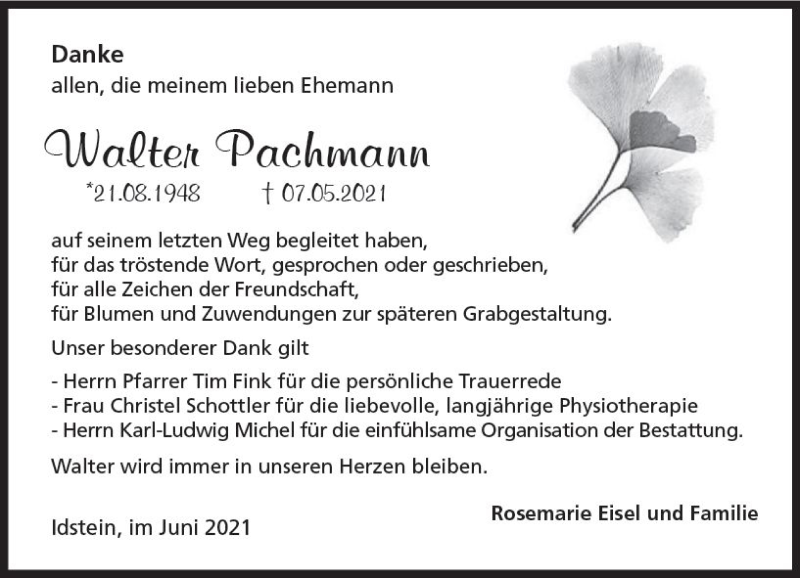  Traueranzeige für Walter Pachmann vom 12.06.2021 aus vrm-trauer