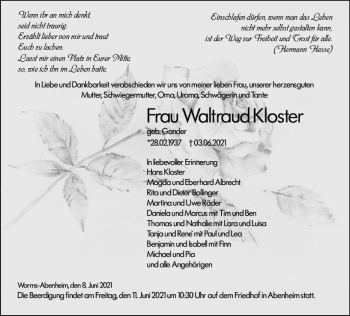 Traueranzeige von Waltraud Kloster von vrm-trauer