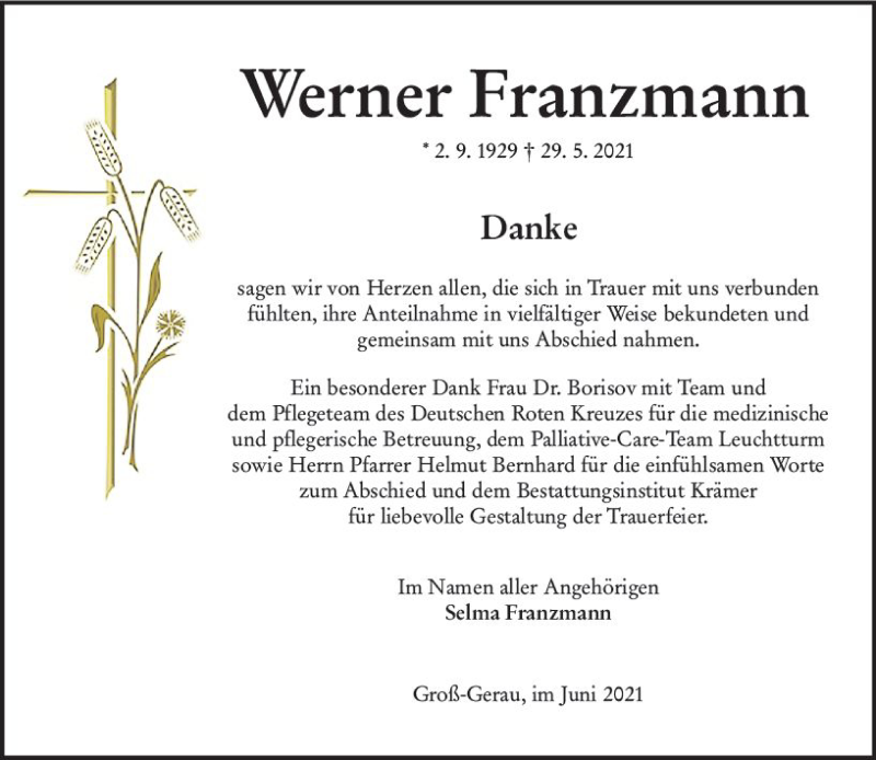  Traueranzeige für Werner Franzmann vom 26.06.2021 aus vrm-trauer