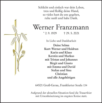 Traueranzeige von Werner Franzmann von vrm-trauer
