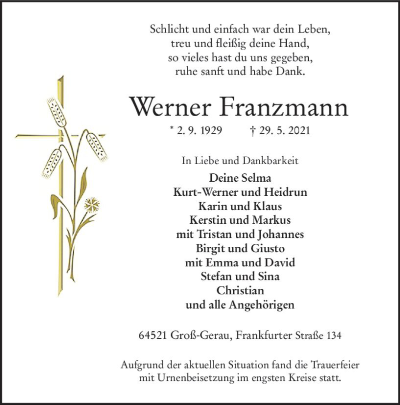  Traueranzeige für Werner Franzmann vom 12.06.2021 aus vrm-trauer