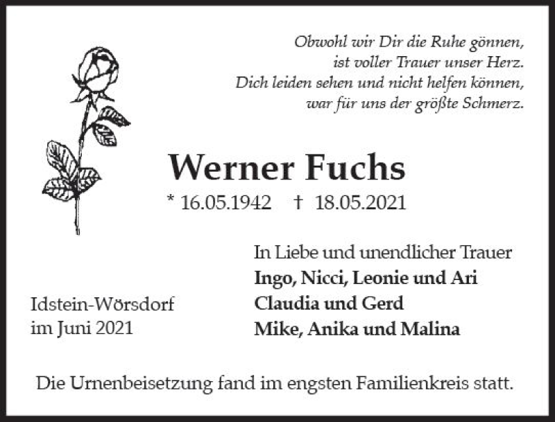  Traueranzeige für Werner Fuchs vom 05.06.2021 aus vrm-trauer