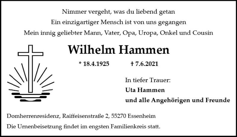  Traueranzeige für Wilhelm Hammen vom 19.06.2021 aus vrm-trauer