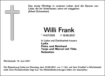 Traueranzeige von Willi Frank von vrm-trauer