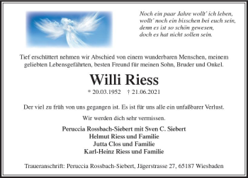 Traueranzeige von Willi Riess von vrm-trauer