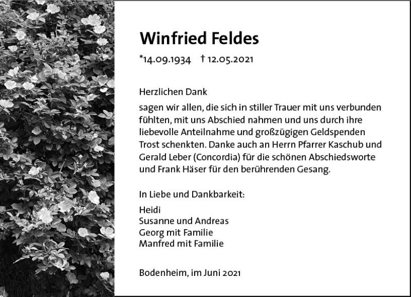  Traueranzeige für Winfried Feldes vom 10.06.2021 aus vrm-trauer