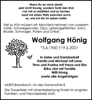 Traueranzeige von Wolfgang Hönig von vrm-trauer