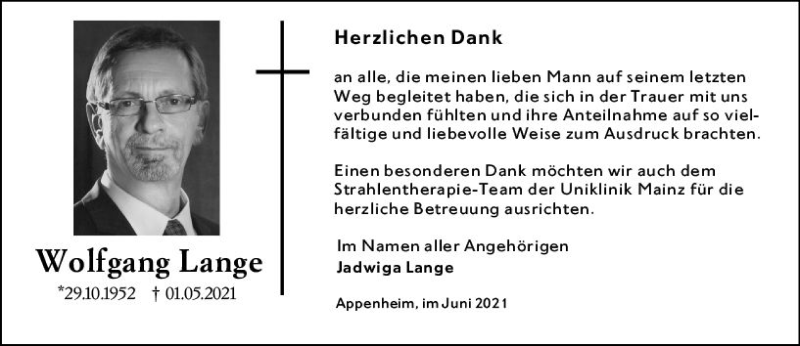  Traueranzeige für Wolfgang Lange vom 11.06.2021 aus vrm-trauer