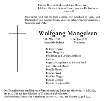 Traueranzeige von Wolfgang Mangelsen von vrm-trauer