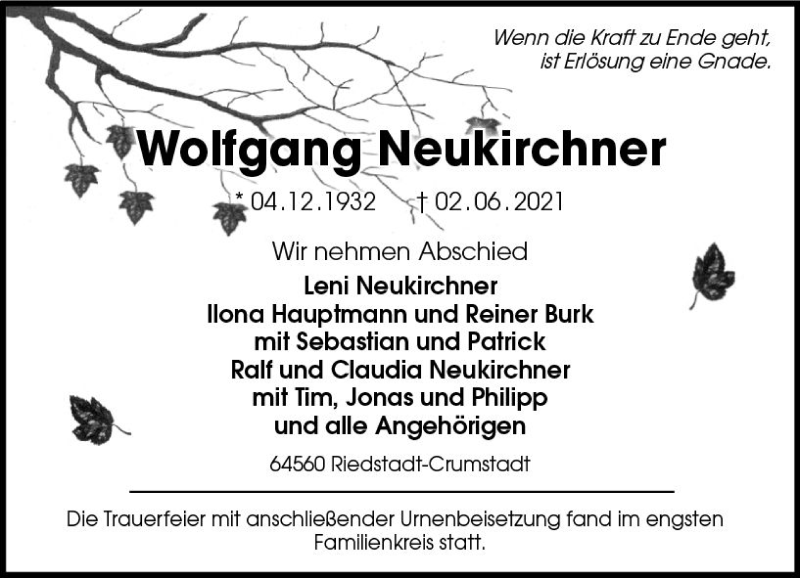  Traueranzeige für Wolfgang Neukirchner vom 12.06.2021 aus vrm-trauer